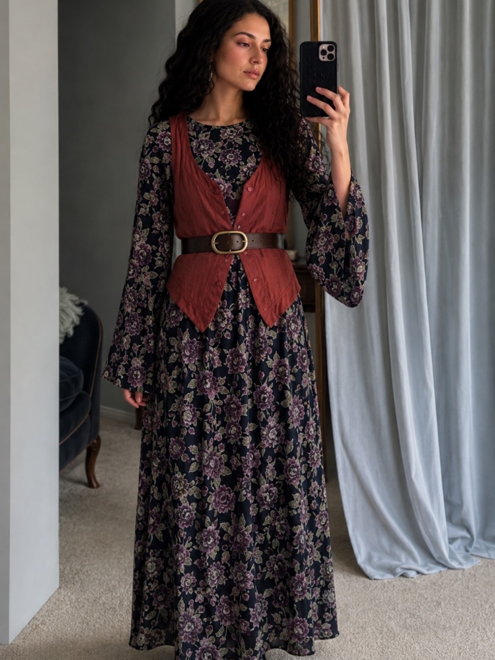 90s Cotton Ginny Maxi Floral Dress Size Large Moody Boho